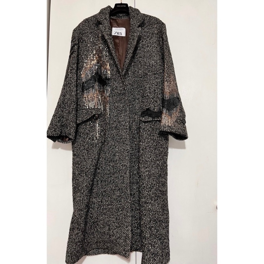 Zara Limited Edition Embroidered Sequin Oversized Coat with Selfbelt